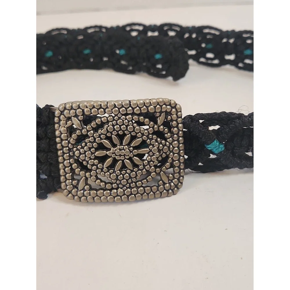 VTG 70s Black Macrame Belt Goldtone Medallion Buckle L Pls Read Below